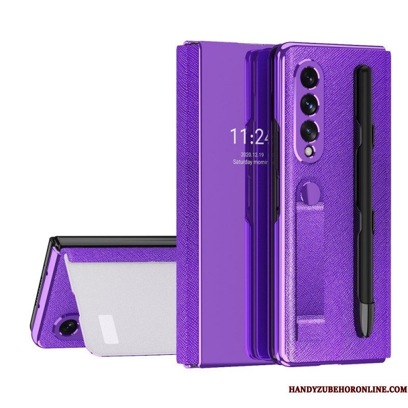 Bescherming Hoesje voor Samsung Galaxy Z Fold 3 5G Folio-hoesje Spiegel Pennenhouder En Riem