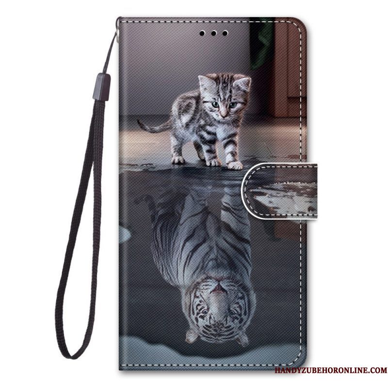 Flip Case voor Samsung Galaxy M53 5G Met Ketting Grijze Kitten Met Riem