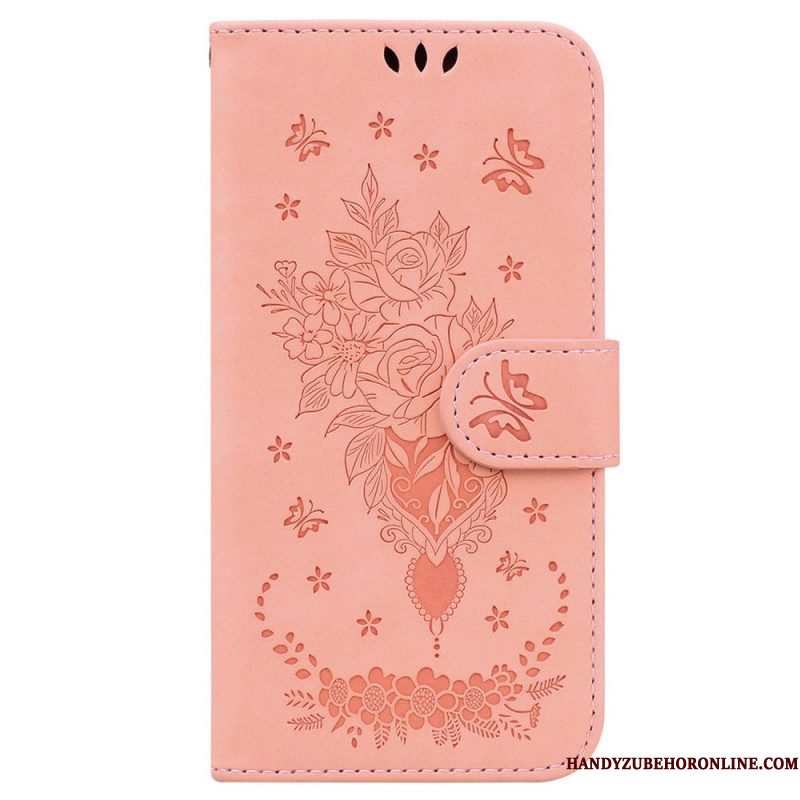 Folio-hoesje voor Samsung Galaxy M13 Met Ketting Strappy Rozen En Vlinders