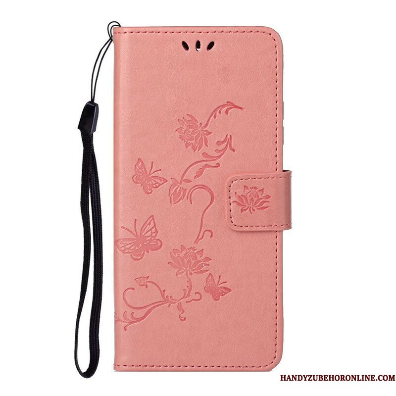 Folio-hoesje voor Samsung Galaxy S21 5G Met Ketting String Vlinders En Bloemen