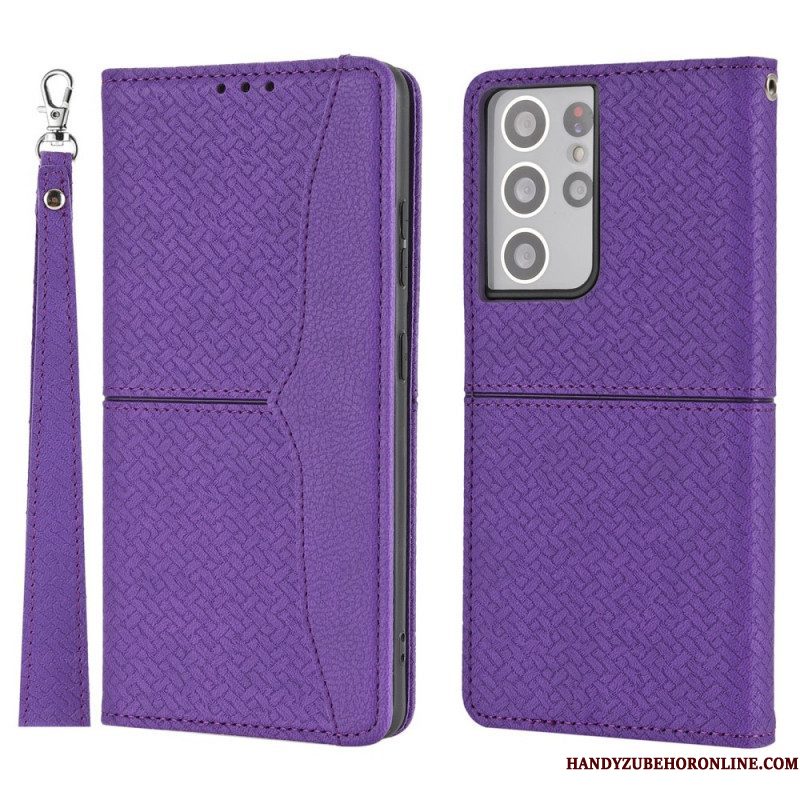 Folio-hoesje voor Samsung Galaxy S21 Ultra 5G Met Ketting Geweven Leren Stijl Met Bandjes