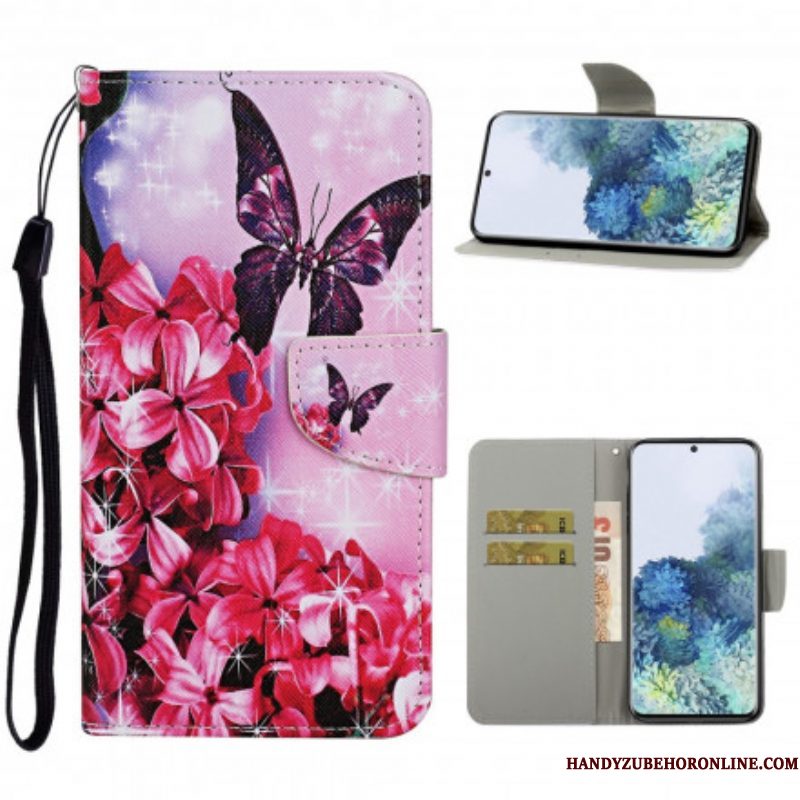 Folio-hoesje voor Samsung Galaxy S21 Ultra 5G Vlinders Floral Lanyard