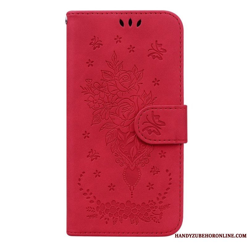 Folio-hoesje voor Samsung Galaxy S23 Plus 5G Met Ketting Strappy Rozen En Vlinders