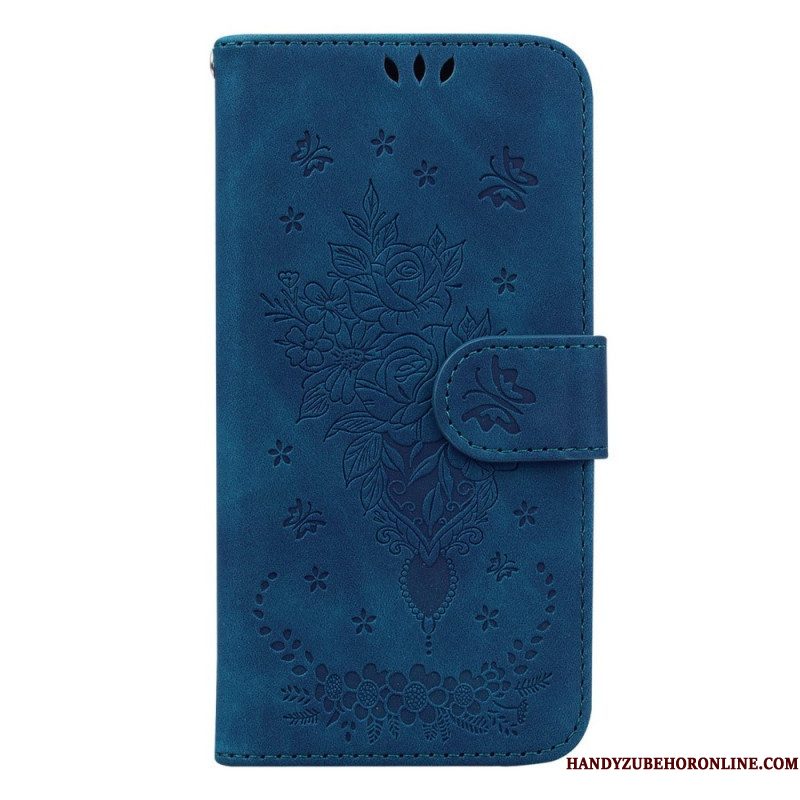 Folio-hoesje voor Samsung Galaxy S23 Ultra 5G Met Ketting Strappy Rozen En Vlinders