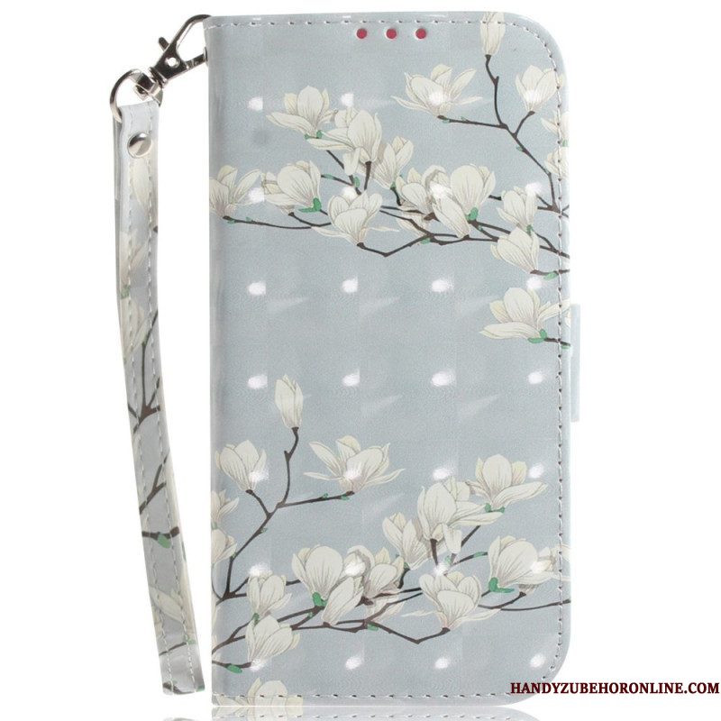 Folio-hoesje voor Samsung Galaxy S23 Ultra 5G Met Ketting Witte Bloemen Met Bandjes