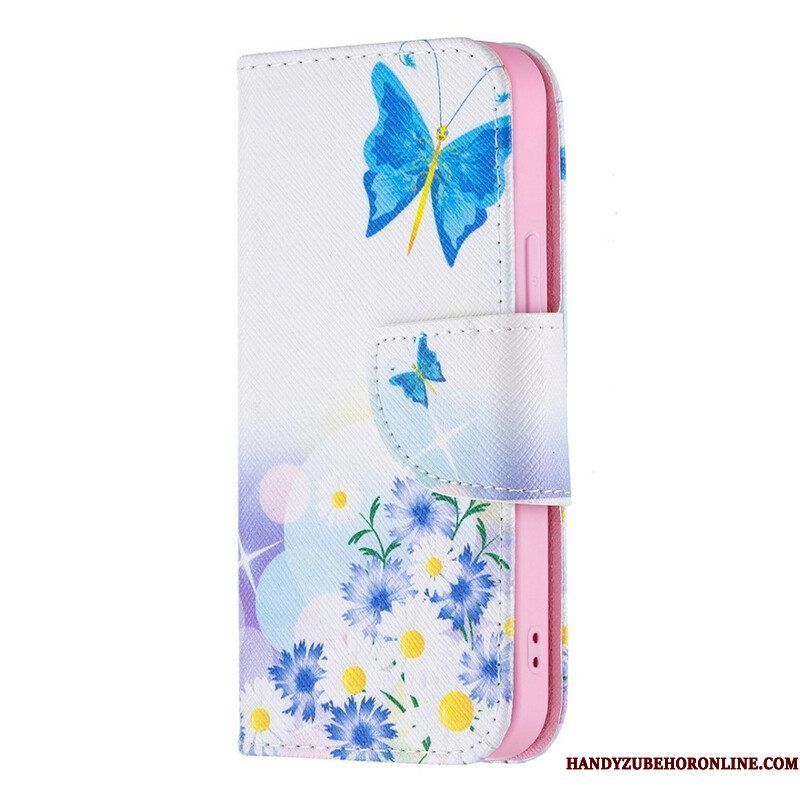 Folio-hoesje voor iPhone 13 Mini Geschilderde Vlinders En Bloemen