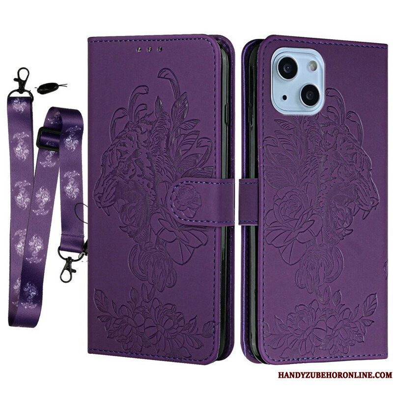 Folio-hoesje voor iPhone 13 Mini Met Ketting Barokke Strappy Tijger