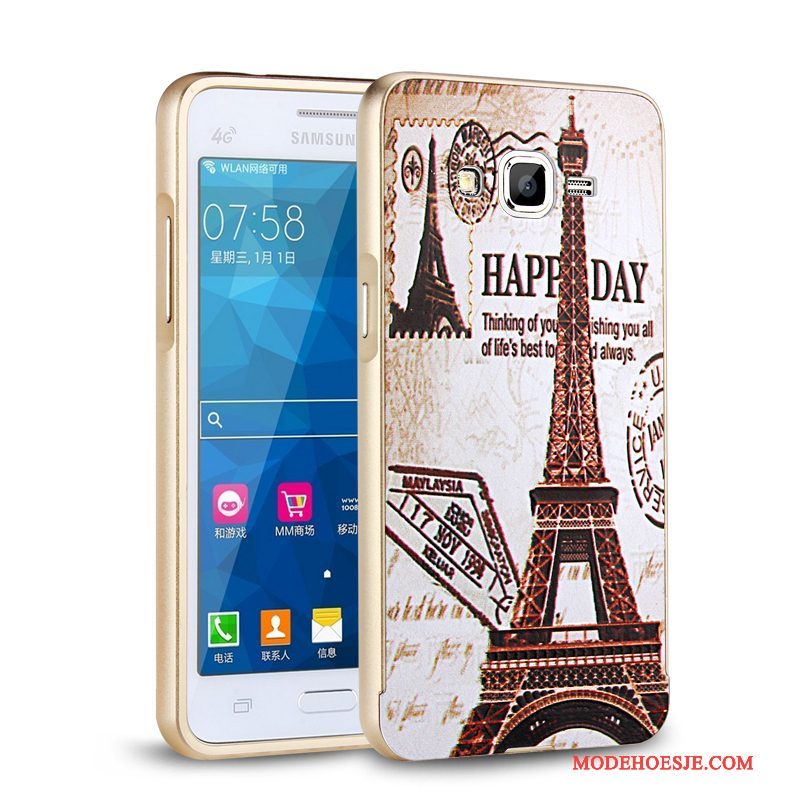 Hoesje Samsung Galaxy J3 2016 Metaal Anti-fall Omlijsting, Hoes Samsung Galaxy J3 2016 Bescherming Goudtelefoon