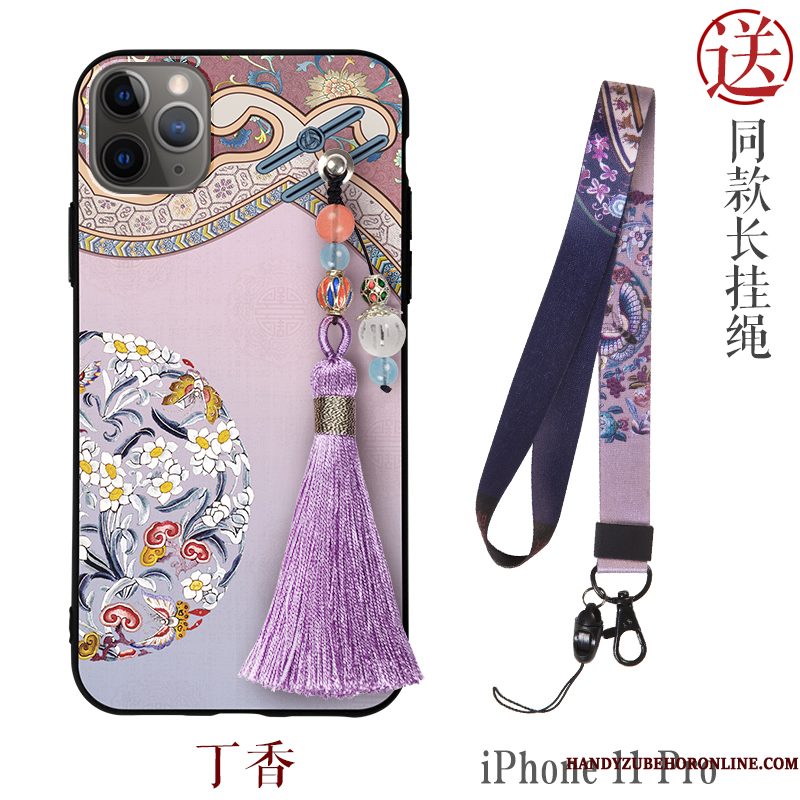 Hoesje iPhone 11 Pro Zakken Chinese Stijl Roze, Hoes iPhone 11 Pro Reliëf Wind Nieuw