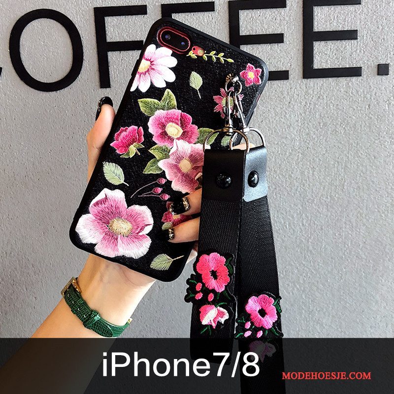 Hoesje iPhone 7 Reliëf Borduurwerk Bloemen, Hoes iPhone 7 Zacht Trendy Merk Blauw