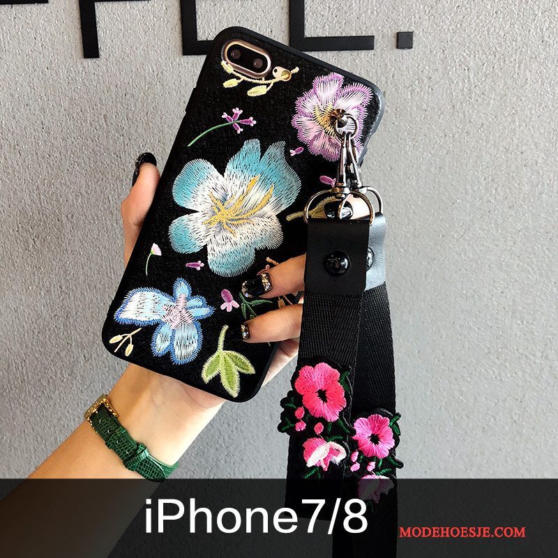 Hoesje iPhone 7 Reliëf Borduurwerk Bloemen, Hoes iPhone 7 Zacht Trendy Merk Blauw