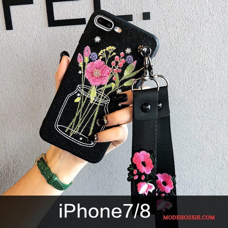 Hoesje iPhone 7 Reliëf Borduurwerk Bloemen, Hoes iPhone 7 Zacht Trendy Merk Blauw