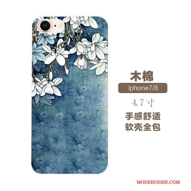 Hoesje iPhone 7 Zacht Anti-falltelefoon, Hoes iPhone 7 Zakken Bloemen Blauw