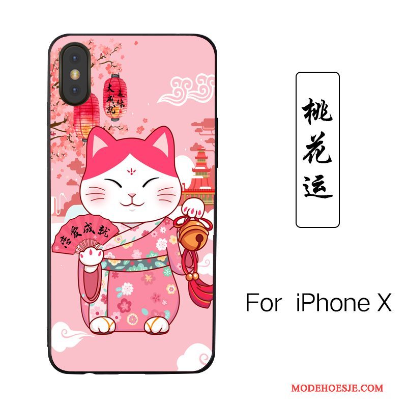 Hoesje iPhone X Geschilderd Roze Lovers, Hoes iPhone X Spotprent Nieuw Kat