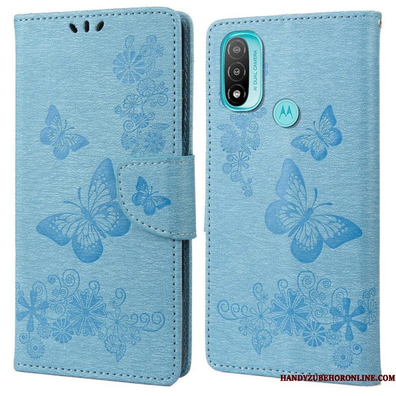 Leren Hoesje voor Moto E40 / E30 / E20 Met Ketting Prachtige Riemvlinders