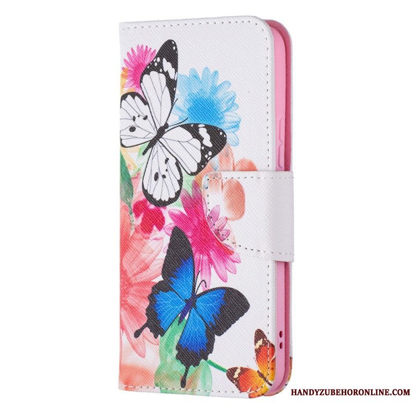 Leren Hoesje voor Samsung Galaxy S22 5G Geschilderde Vlinders En Bloemen