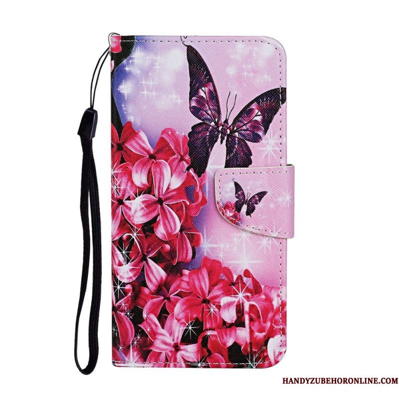 Leren Hoesje voor Samsung Galaxy S22 Ultra 5G Vlinders Floral Lanyard