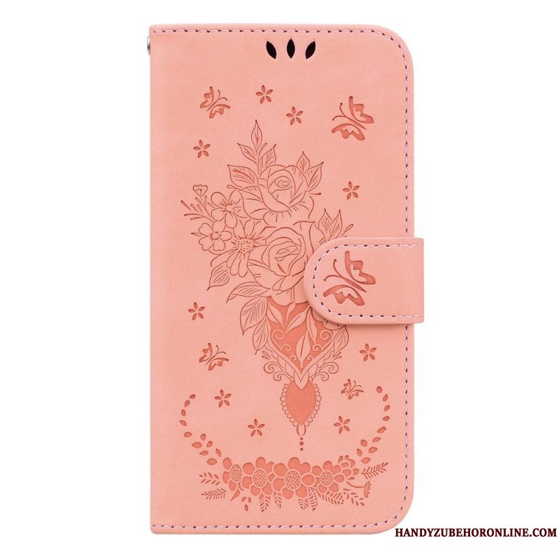 Leren Hoesje voor Samsung Galaxy S23 5G Met Ketting Strappy Rozen En Vlinders