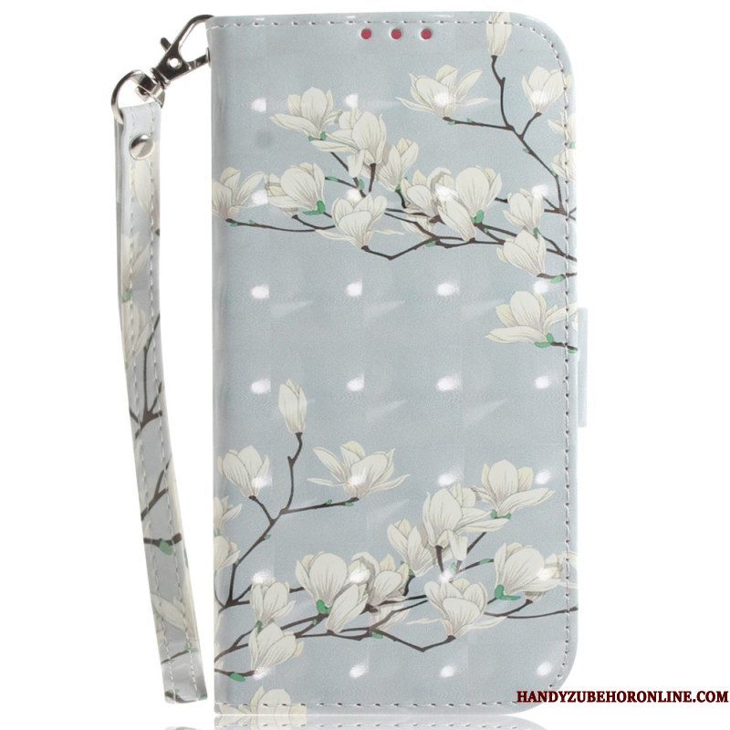 Leren Hoesje voor Xiaomi 13 Met Ketting Witte Bloemen Met Bandjes