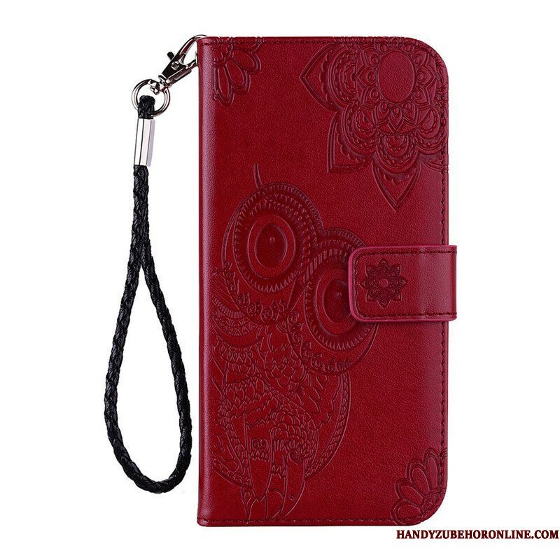 Leren Hoesje voor Xiaomi Redmi Note 10 / 10S Uil Mandala En Lanyard