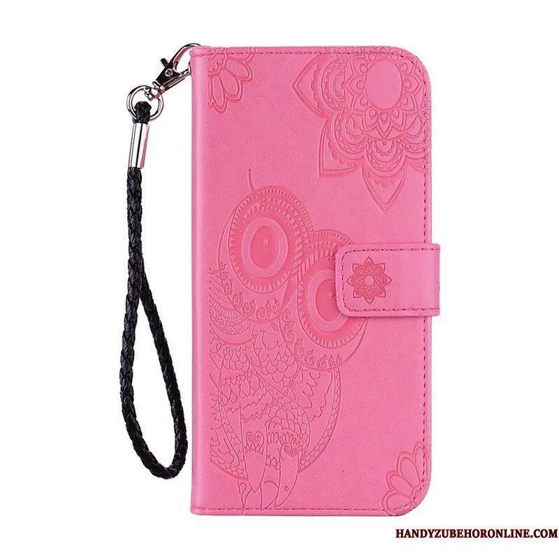 Leren Hoesje voor Xiaomi Redmi Note 10 / 10S Uil Mandala En Lanyard