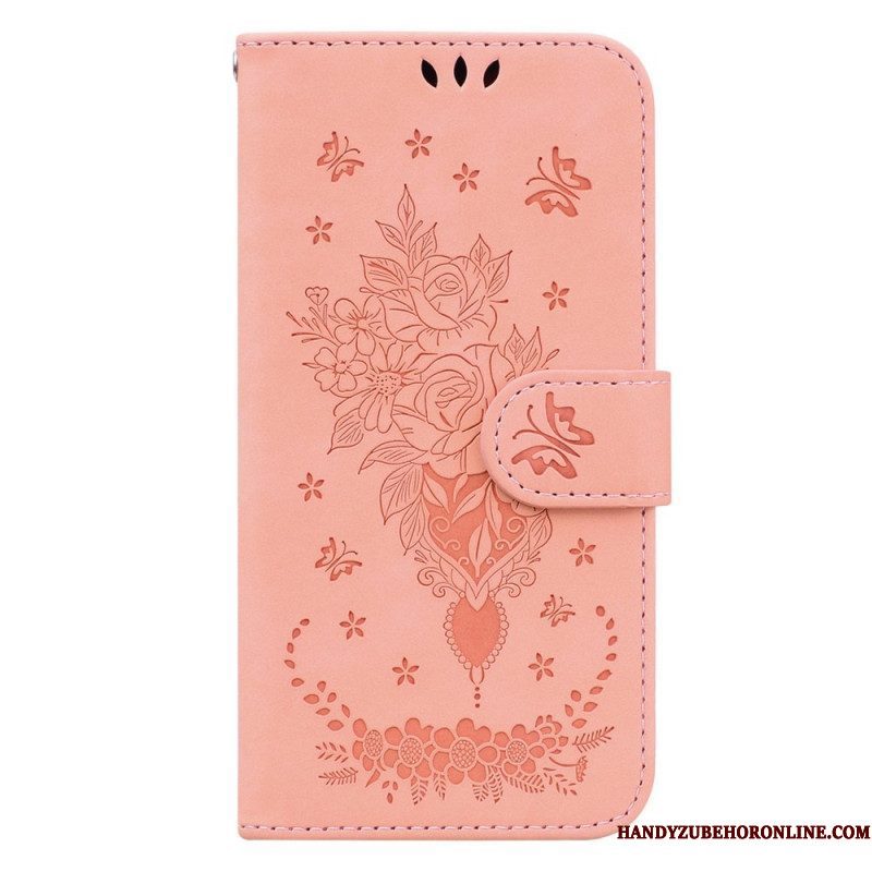 Leren Hoesje voor Xiaomi Redmi Note 12 5G Met Ketting Strappy Rozen En Vlinders