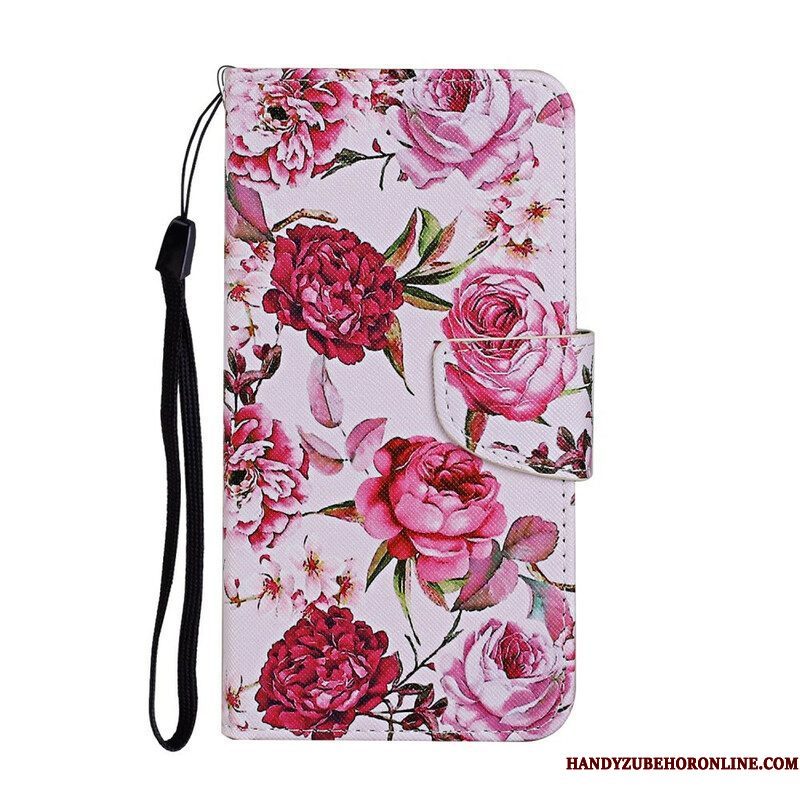 Leren Hoesje voor iPhone 13 Pro Meesterlijke Bloemen Met Riem