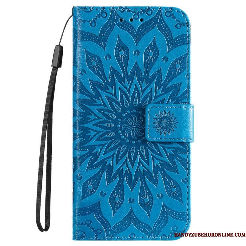 Leren Hoesje voor iPhone 14 Pro Max Mandala Zon Met Lanyard