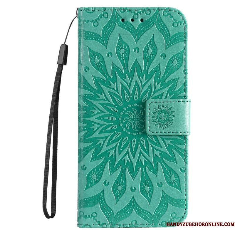 Leren Hoesje voor iPhone 14 Pro Max Mandala Zon Met Lanyard