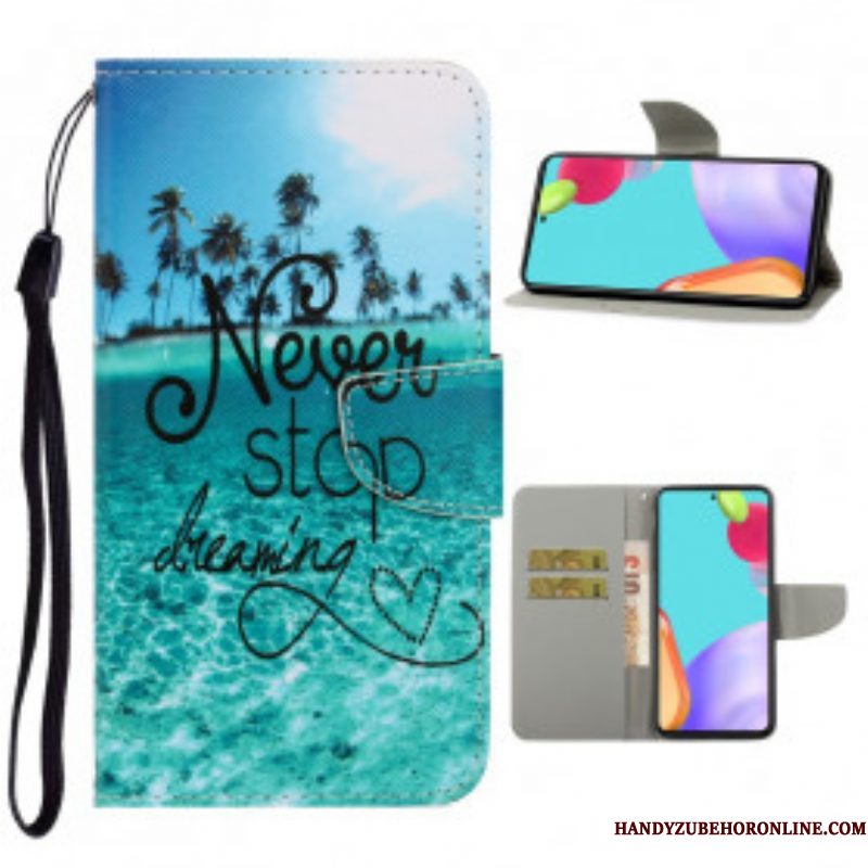 Folio-hoesje voor Samsung Galaxy A52 4G / A52 5G / A52s 5G Met Ketting Stop Nooit Met Dromen In Marineblauwe Bandjes