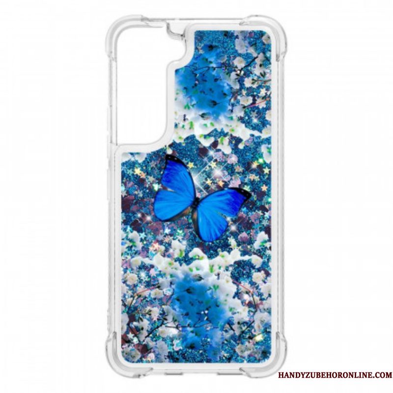 Hoesje voor Samsung Galaxy S22 5G Glitter Blauwe Vlinders