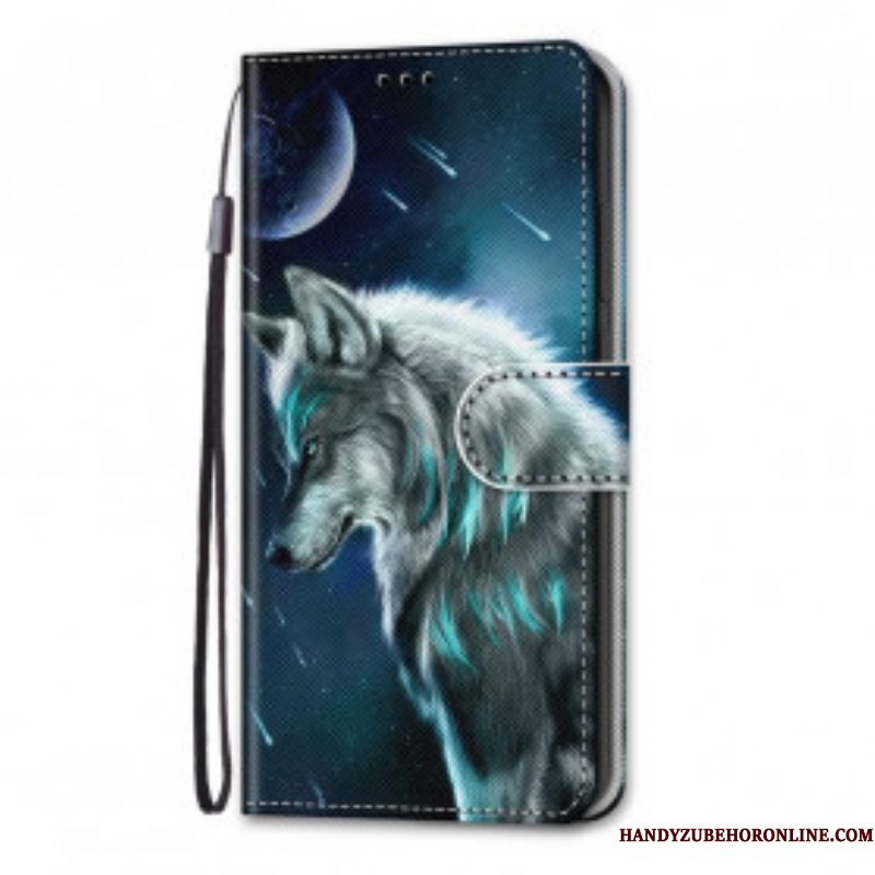 Leren Hoesje voor Samsung Galaxy S21 Ultra 5G Wolf Onder Een Regen Van Sterren