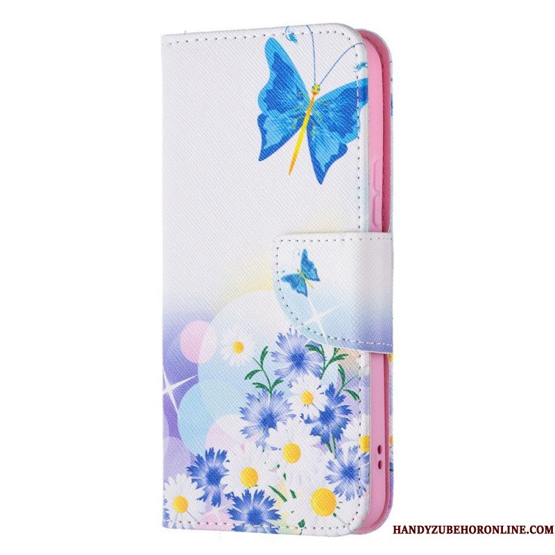 Leren Hoesje voor Samsung Galaxy S22 5G Geschilderde Vlinders En Bloemen